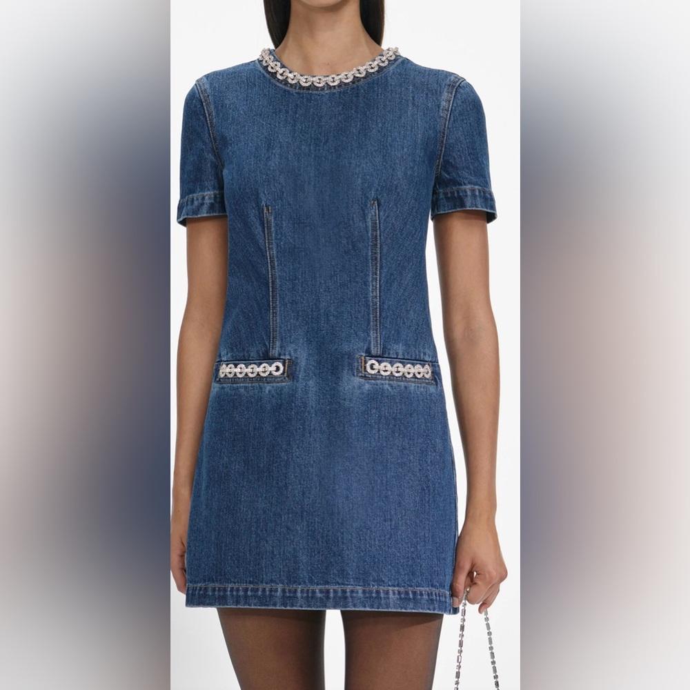 New Self Portrait Denim Crystal Trim Mini Dress size US 4 / UK 8